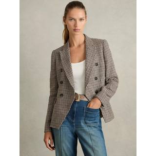 Reiss Reiss Navy Neutral Check Evie Cotton-Linen Double-Breasted Houndstooth-Check Blazer