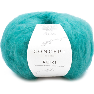 Katia Concept Reiki 117 Turkis Indhold: 60% superfin alpaca, 29% merinould, 11% polyamid Vægt/længde:50 g = ca. 110 meter Anbefalede pinde: 5.5-6mm Strikkefasthed: 10 x 10 cm = 13 m x 20 p Vask: Finvask 30℃ / Tåler ikke tørretumbling.