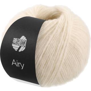 Lana Grossa Airy 13 Råhvid Indhold: 42% baby alpaca, 40% bomuld, 18% ren, ny merinould Vægt/Længde: 50 g = ca. 170 meter Anbefalede pinde: 5-5.5 mm Strikkefasthed: 10 x 10 cm = 15 m x 22 p Vask:Håndvask / Tørres fladt.