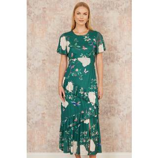 Yumi Yumi Green Mesh Bird And Floral Print Midi Dress With Ruffles