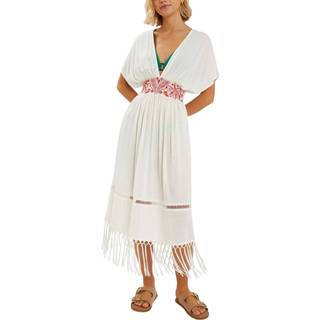 Accessorize Accessorize Natural Palm Embroidered Fringe Kaftan Dress
