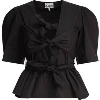 Washed Stretch Cotton Tie Strap Blouse W0378 - Black - GANNI - Sort S