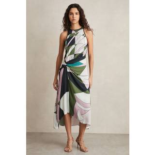 Reiss Reiss Green Avia Geometric-Print Gathered Midi Dress