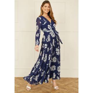 Yumi Yumi Blue Floral Print Pleated Wrap Long Sleeve Dress