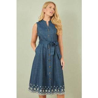 Yumi Yumi Blue Chambray 100% Cotton Midi Embroidered Shirt Dress