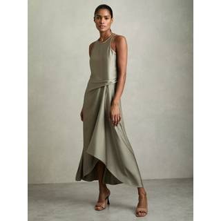 Reiss Reiss Khaki Micah Satin Drape Tuck Midi Dress - 12