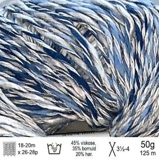 Permin Iris 01 Blå Toner Indhold: 45% Viskose, 35% Bomuld 20% Hør Vægt/længde: 50 g = ca. 125 meter Anbefalede pinde: 3.5-4 mm Strikkefasthed: 10 x 10 cm = 18-20 m x 26-28 p Vask: Skal håndvaskes / Tåler ikke tørretumbling.