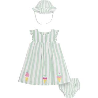 Jojo Maman Bébé JoJo Maman Bébé Aqua Green Ice Cream Embroidered 3-Piece Frill Shoulder Baby Dress, Knicker & Hat Set