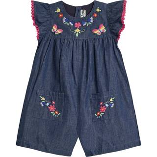Jojo Maman Bébé JoJo Maman Bébé Chambray Blue Floral Embroidered Frill Sleeve Playsuit