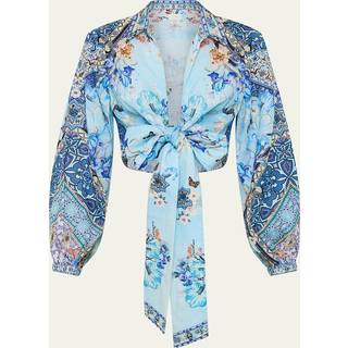 Camilla Floral cropped linen wrap top - blue - XL