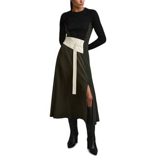 Reiss Reiss Khaki/Black Emilina Rib-Knit Panelled Belted Midi Dress