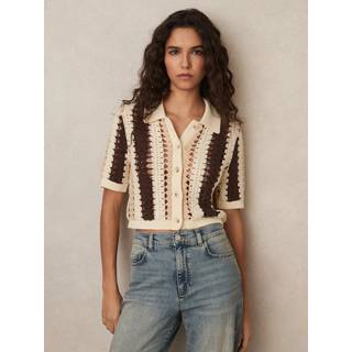 Reiss Reiss Cream/Brown Roni Cotton Crochet Striped Shirt