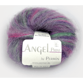 Permin Angel print 65 Lilla/Pink/Grøn Indhold: 70% mohair, 30% silke Vægt/længde: 25 g = ca. 210 meter Anbefalede pinde: 4.5 mm Strikkefasthed: 10 x 10 cm = 22 m x 28 p Vask: Håndvask Tåler ikke tørretumbling / Brug aldrig skyllemiddel.