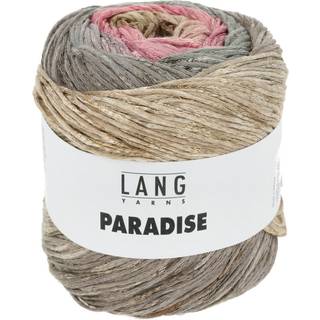 Lang Yarns Paradise 048 Indhold: 78% bomuld, 22% viskose Vægt/længde: 100 g = ca. 320 meter Anbefalede pinde: 3.5-4 mm Strikkefasthed: 10 x 10 cm = 23 m x 30 p Vask: Finvask 30ºC / Tåler ikke tørretumbling / Brug aldrig skyllemiddel.
