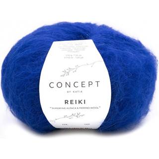 Katia Concept Reiki 118 Kleinblå Indhold: 60% superfin alpaca, 29% merinould, 11% polyamid Vægt/længde:50 g = ca. 110 meter Anbefalede pinde: 5.5-6mm Strikkefasthed: 10 x 10 cm = 13 m x 20 p Vask: Finvask 30℃ / Tåler ikke tørretumbling.
