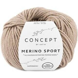 Katia Concept Merino Sport 403 Mørk beige Indhold: 100% superwash merinould Vægt/længde: 50 g = ca. 80 meter Anbefalede pinde: 5-5.5 mm Strikkefasthed: 10 x 10 cm = 18 m x 24 p Vask: Finvask 30℃ / Kan tørretumbles.
