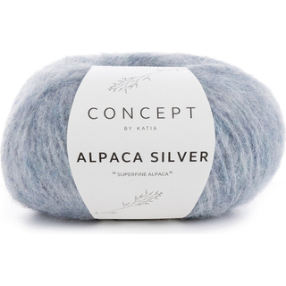 Katia Alpaca Silver 253 Pastel blå-sølv Indhold:73% Alpaca, 20% polyamid, 7% polyester Vægt/længde:25 g = ca. 120 m Anbefalede pinde:4 - 4½ mm Strikkefasthed:10 cm x 10 cm = 19 m x 28 r Håndvask / Tørres fladt.