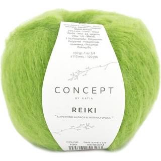 Katia Concept Reiki 109 Pistacie Indhold: 60% superfin alpaca, 29% merinould, 11% polyamid Vægt/længde:50 g = ca. 110 meter Anbefalede pinde: 5.5-6mm Strikkefasthed: 10 x 10 cm = 13 m x 20 p Vask: Finvask 30℃ / Tåler ikke tørretumbling.