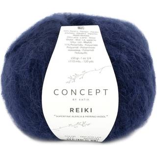 Katia Concept Reiki 111 Oceanblå Indhold: 60% superfin alpaca, 29% merinould, 11% polyamid Vægt/længde:50 g = ca. 110 meter Anbefalede pinde: 5.5-6mm Strikkefasthed: 10 x 10 cm = 13 m x 20 p Vask: Finvask 30℃ / Tåler ikke tørretumbling.