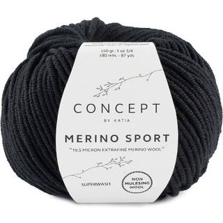 Katia Concept Merino Sport 002 Sort Indhold: 100% superwash merinould Vægt/længde: 50 g = ca. 80 meter Anbefalede pinde: 5-5.5 mm Strikkefasthed: 10 x 10 cm = 18 m x 24 p Vask: Finvask 30℃ / Kan tørretumbles.