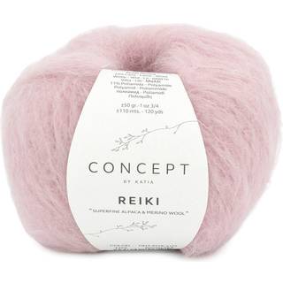 Katia Concept Reiki 103 Rose Indhold: 60% superfin alpaca, 29% merinould, 11% polyamid Vægt/længde:50 g = ca. 110 meter Anbefalede pinde: 5.5-6mm Strikkefasthed: 10 x 10 cm = 13 m x 20 p Vask: Finvask 30℃ / Tåler ikke tørretumbling.