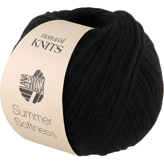 Lana Grossa Summer Softness 20 Sort Indhold:80% bomuld, 20% merinould Vægt/længde:50 g = ca. 130 meter Anbefalede pinde: 5.50-6.00 mm Strikkefasthed:10 x 10 cm = 17 m x 22 p Vask: Finvask max 30°C / Tørres fladt.