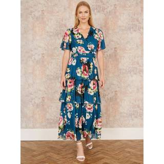 Yumi Yumi Green Floral Mesh Tiered Maxi Dress