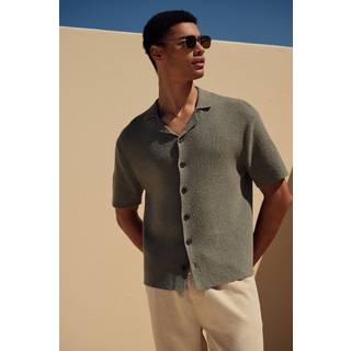Next Green Cotton Rich Relaxed Fit Short Sleeve Cuban Collar Bouclé Knit Shirt