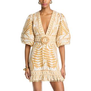 Farm Rio Printed belted linen minidress - yellow - XS