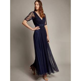 Monsoon Monsoon Blue Ellie Sheer Sleeve Plunge Tulle Maxi Dress - 12