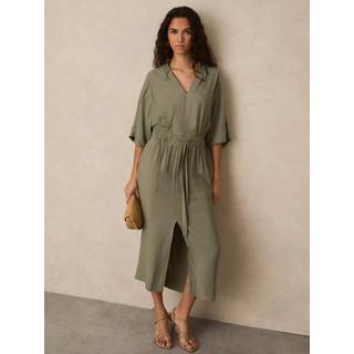 Reiss Reiss Khaki Cecilia Shirred-Waist Midi Shirt Dress