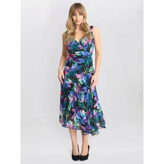 Gina Bacconi Gina Bacconi Lisbeth Floral Print Chiffon Asymmetric Hem Black Dress