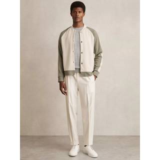 Reiss Reiss Off White/Sage Pelham Interlock Colour-Block Bomber Jacket