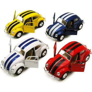 S?t med 4 biler: 5 """" Klassisk 1967 Volkswagen Beetle med racerstriber 1:32 skala (bl?/r?d/hvid/gul)