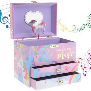 Jewelkeeper smykkeskrin til piger med 2 skuffer bomuldsgodteri enhjørning musikalske smykkekasser Smuk drømmer melodi og spinding enhjørning dukk