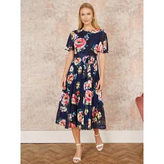Yumi Yumi Blue Mesh Floral Print Midi Dress With Angel Sleeves