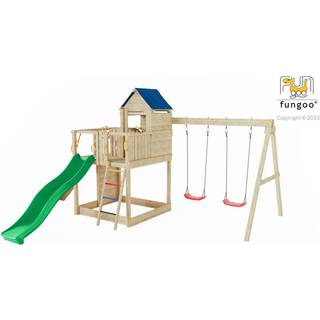 Fungoo Treehouse3 legetårn med to gynger, klatrevæg, overdækning og grøn rutsjebane