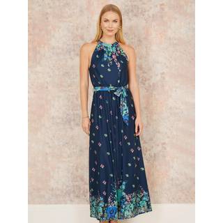 Yumi Yumi Blue Mirror Floral Print Maxi Halter Neck Dress