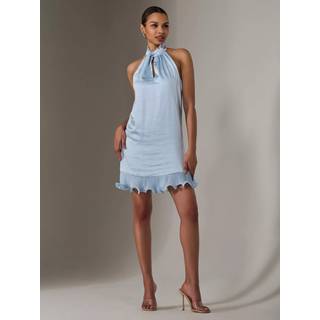 Jolie Moi Jolie Moi Blue Satin Halterneck Mini Dress
