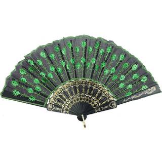 Innolife elegant farverig broderet blomster p?fugl m?nster sequin stof foldning h?ndholdt h?ndfan h?ndlavet (gr?n)