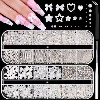 Fladback perler og metal negleperler (sølvguld) med 3D blomster negle rhinestones kaviar perler buer blomstrer hjerter stjerner perler til maniky