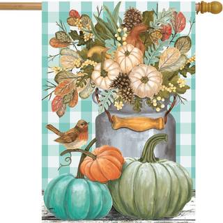 Briarwood Lane Pastel Pumpkins Fall House Flag Checkered Floral Autumn 28 """" X 40 """"