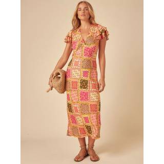 Nobodys Child Layla Patchwork Tryk Flæsekant Sleeve V-hals Midi KjoleEU 36 (UK 8)