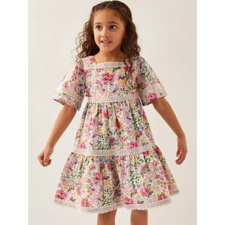 Monsoon Monsoon White Floral Print Short Sleeve Tiered 100% Cotton Dress