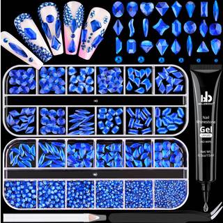 Kongebl Glas Negle Rhinestones - 1680 Stk Multi Shapes + 1500 Stk Rund Krystal med Lim Gel til Nail Art