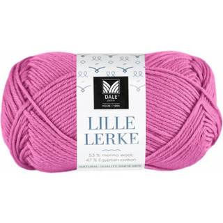 Dale LILLE Lerke 8176 Fuchsia Indhold: 53% merinould, 47% bomuld Vægt/længde: 50 gram = ca. 142 meter Anbefalede pinde: 2.50 - 3.00 mm Strikkefasthed: 10 cm = 26-28 m Uldvask 30 °C, Brug vaskemiddel til uld/silke, Brug ikke skyllemiddel, Tørres fladt.