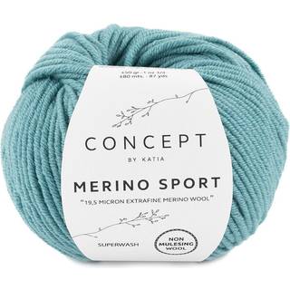 Katia Concept Merino Sport 052 Gråblå Indhold: 100% superwash merinould Vægt/længde: 50 g = ca. 80 meter Anbefalede pinde: 5-5.5 mm Strikkefasthed: 10 x 10 cm = 18 m x 24 p Vask: Finvask 30℃ / Kan tørretumbles.
