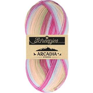 Scheepjes Arcadia 914 Sonoran (Striped) Indhold: 75% Superwash uld /25% polyamid Vægt/længde: 100 gram = ca. 396 meter Anbefalede pinde: 2.5-3.0 mm Strikkefasthed: 10 x 10 cm = 36m x 44p Vask: Maskinvask 30 °C.