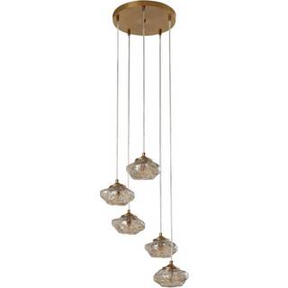 Lindby hængelampe Piatra, Ø45cm, 5 lyskilder, cognac/messing, glas