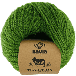Navia Tradition 908 Grøn Materiale: 100% uld Vægt/længde: 50 g = ca. 90 meter Anbefalede pinde: 7.00-9.00 mm Strikkefasthed: 10 cm = 14 masker Vask: Vaskes i hånden / Tåler ikke tørretumbling / Tørres fladt.